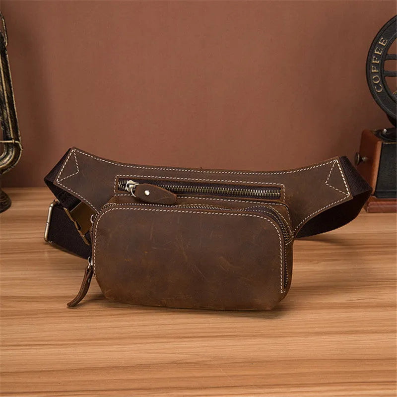 Brown top layer cowhide men's sports waist bag with mobile phone compartment