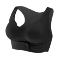 Women's black cross-back sports bra with a front buckle closure and moulded cups.