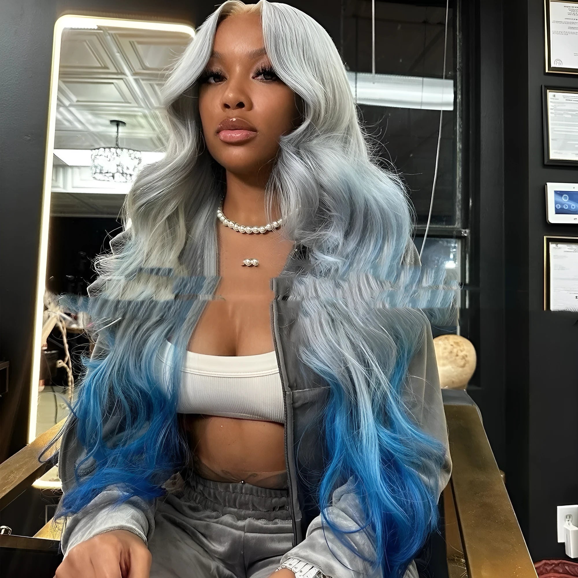 Grey blue gradient colour human hair lace front wig in Rui Li style on a mannequin head