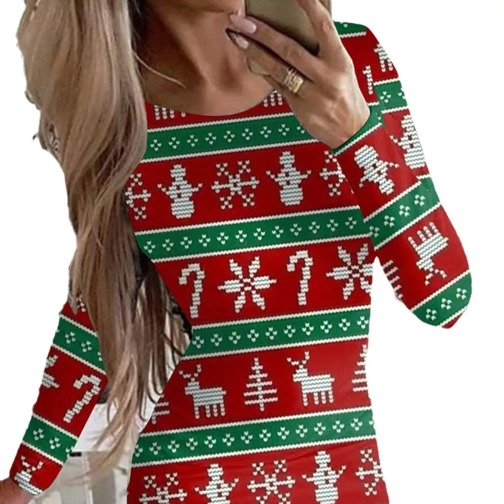 Animal print Christmas dress with round neck and long sleeves in floral pattern colours