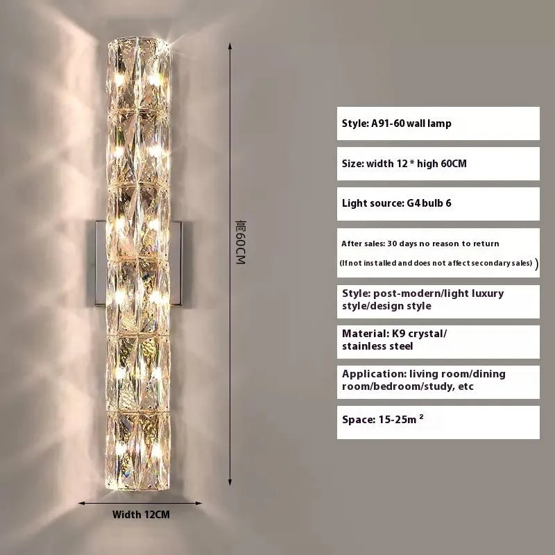 Crystal wall lamp with stainless steel frame in gold or chrome finish, mounted on a wall.