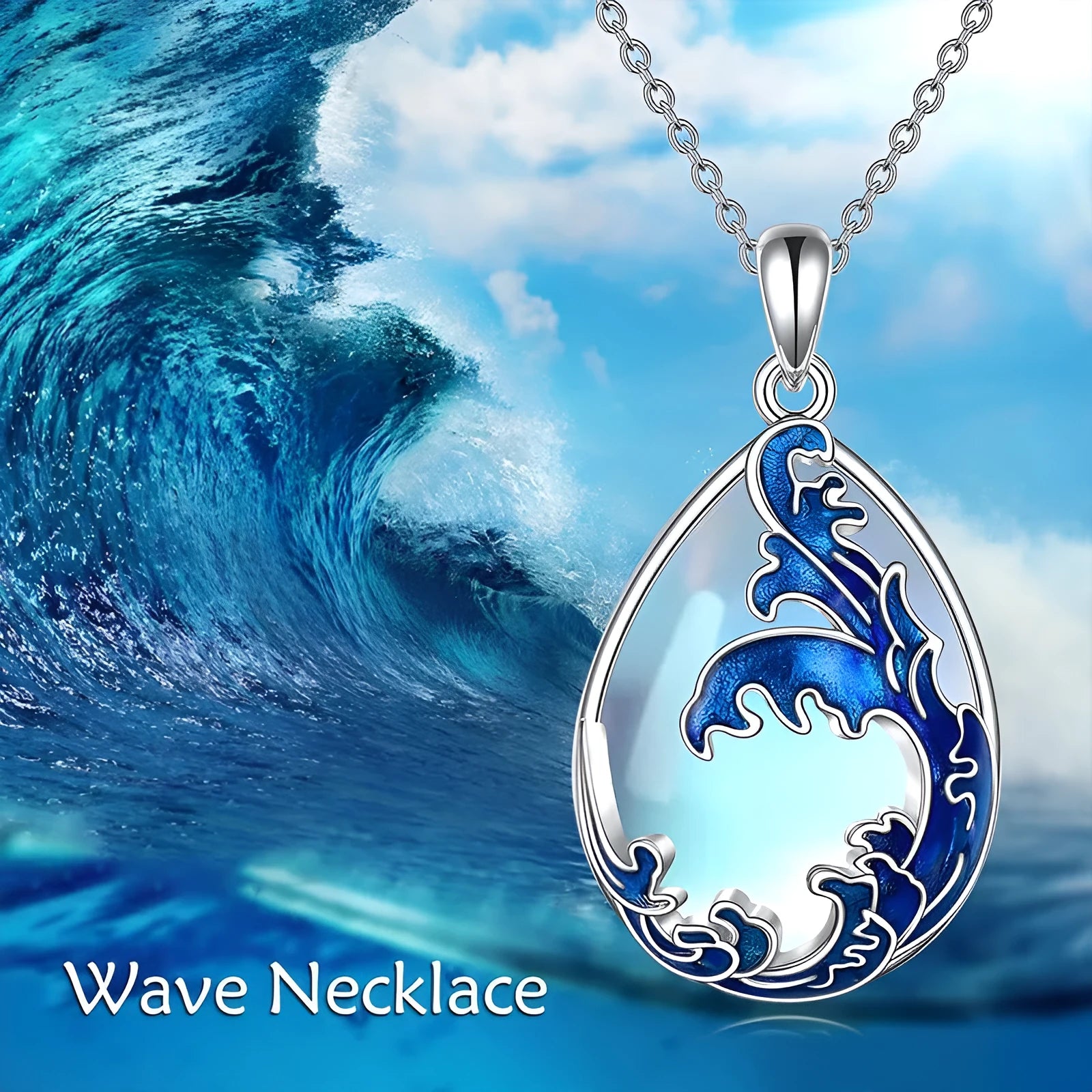 Moonstone blue alloy pendant necklace with heart-shaped design for women