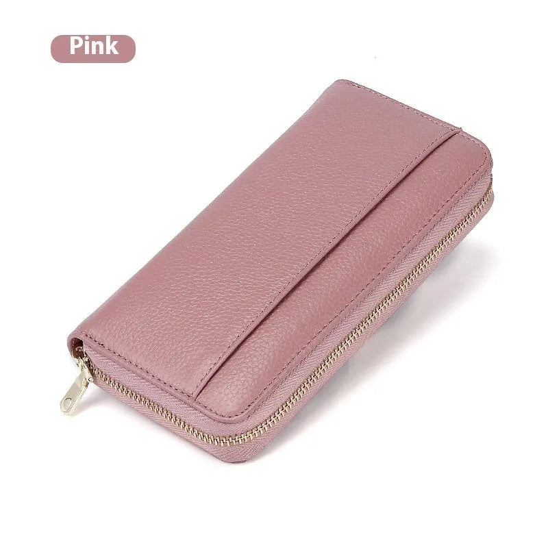 Women's genuine leather long wallet in solid colour with large capacity and anti-theft card swipe