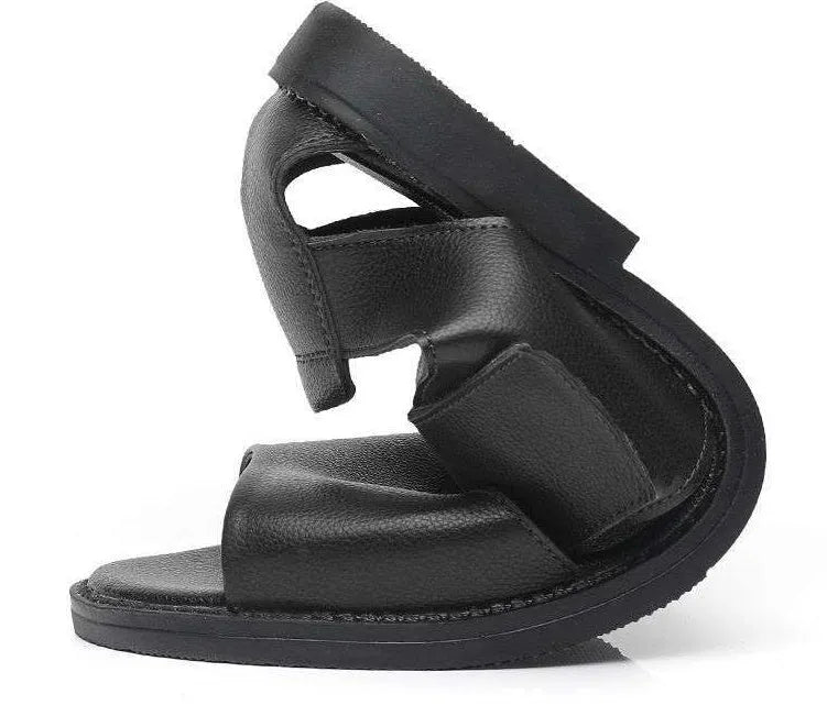 Men's black casual cowhide sandals with open toe and rubber sole