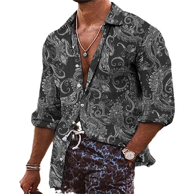 Men's loose-fit long sleeve shirt with a colourful 3D floral print pattern in polyester fabric.