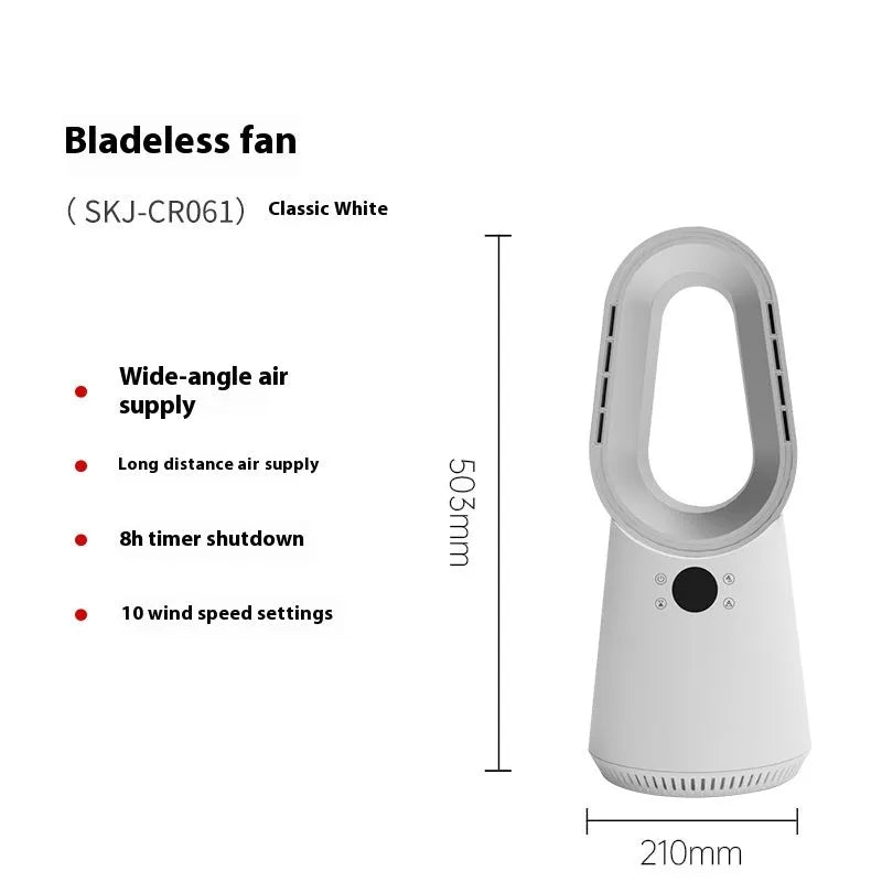 SK white bladeless tower fan with remote control on desktop