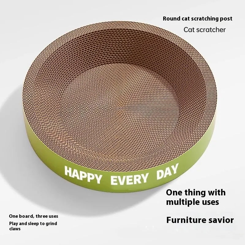 Green round cat scratching board nest with sisal surface and raised bed in 50cm size.