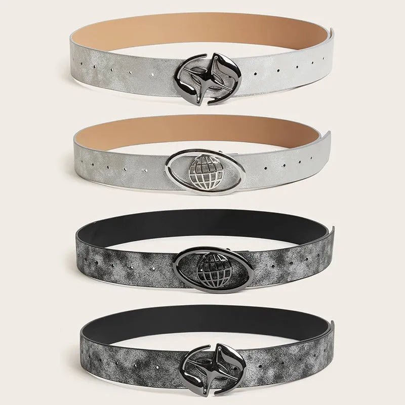 Women's retro wide belt with oval alloy buckle on PU leather strap in grey white colour