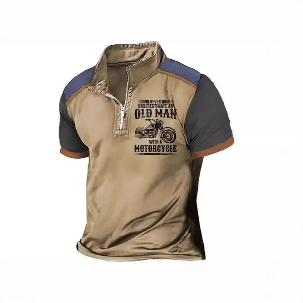 Men's grey casual polo shirt with a lapel collar and large white digital letter print on the front.