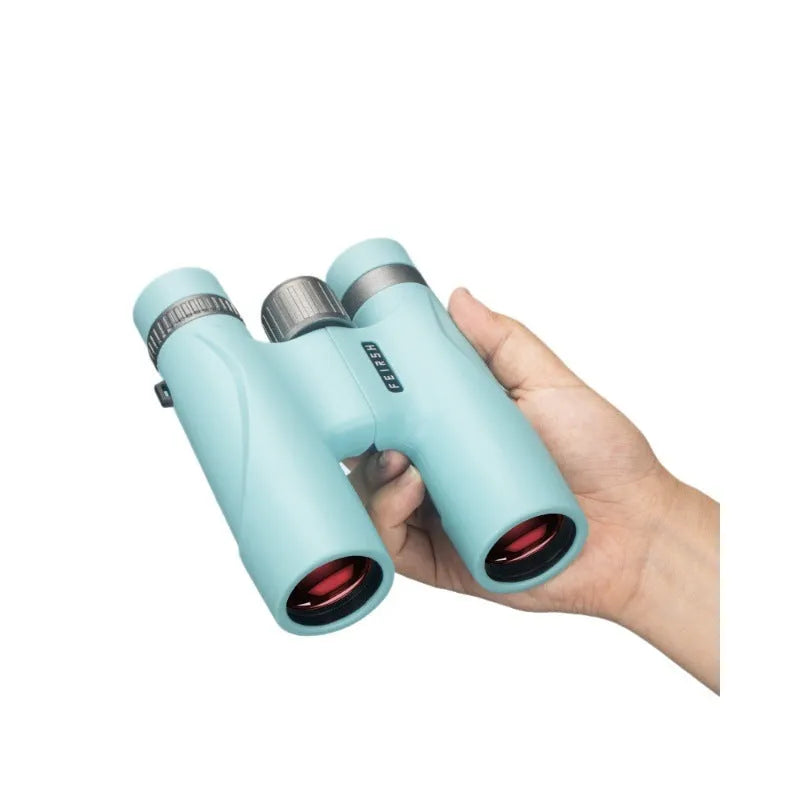 Blue and grey 10x32 binoculars with wine red film lenses on a dark background.