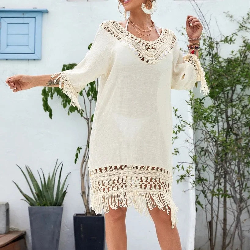Apricot coloured women's crocheted knitted patchwork beach dress with mid-length skirt and half sleeves