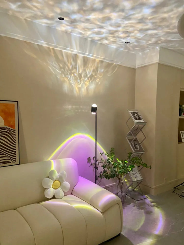 Sunset Red water wave projection floor lamp with modern design and colour cards.