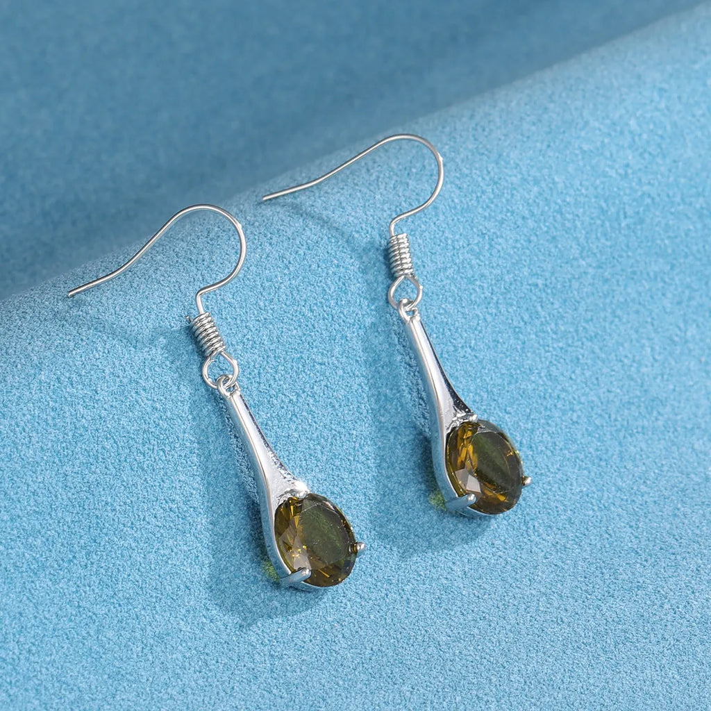 Olive green topaz water drop shape earrings with retro minimalist design and electroplated alloy construction