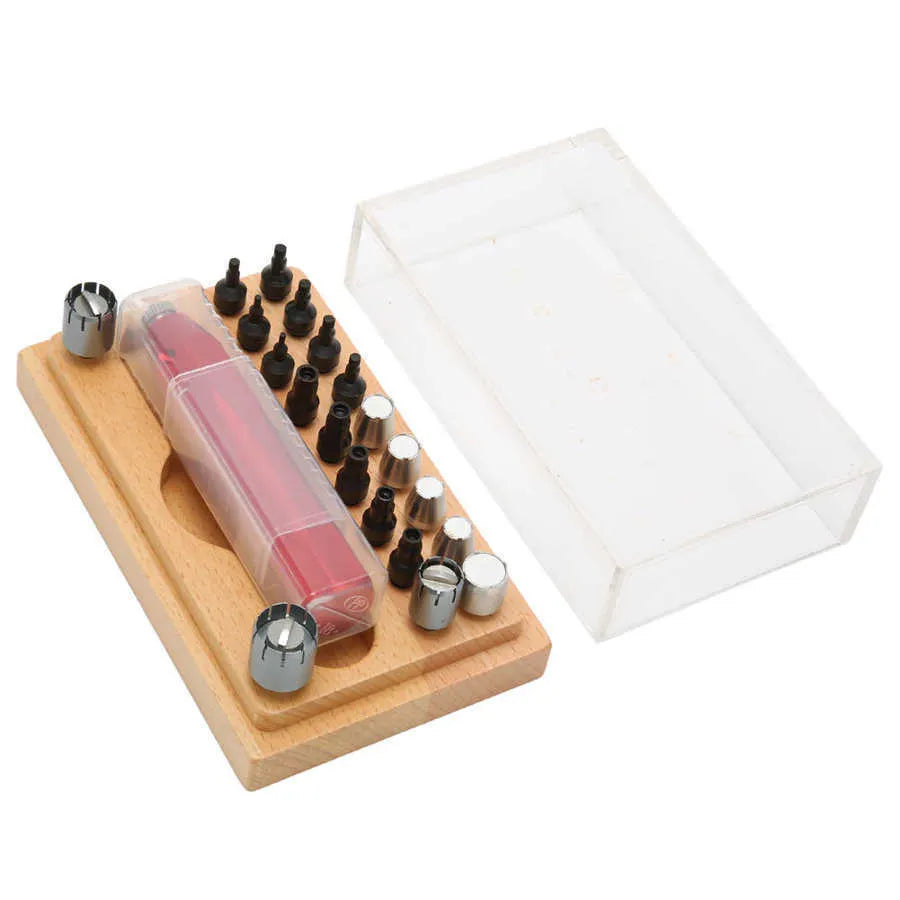 Steel watch repair barrel-opening tool kit with 20 pieces in a black organiser case.