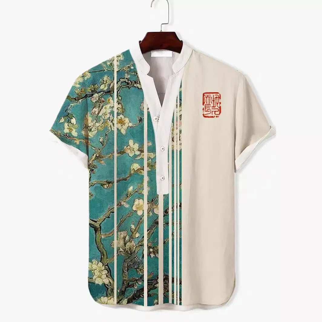 Man wearing a short sleeve shirt with a vivid 3D digital print of an animal graphic.