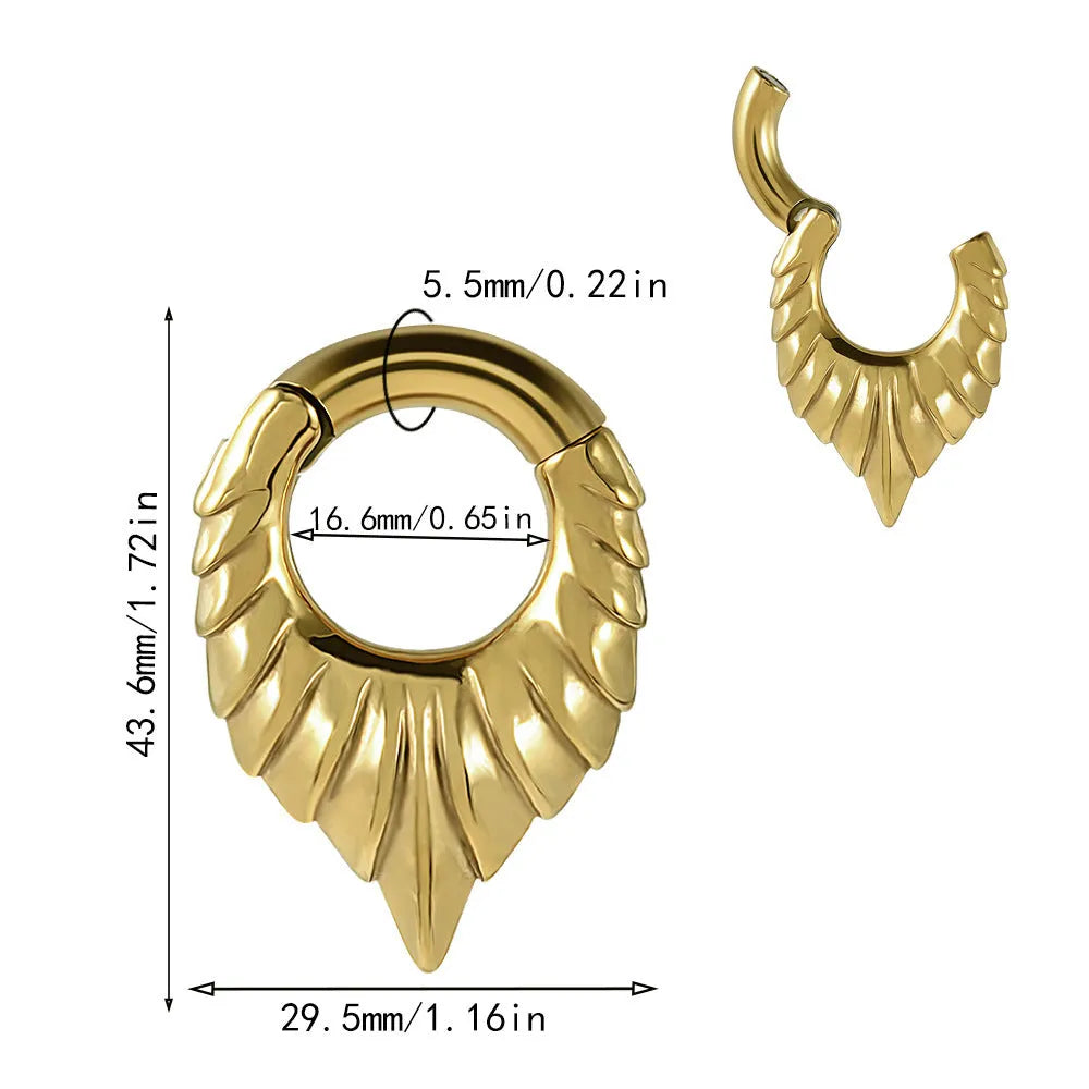 Stainless steel drop-shaped auricle earlobe extender earring with round hanging egg design and totem detail.