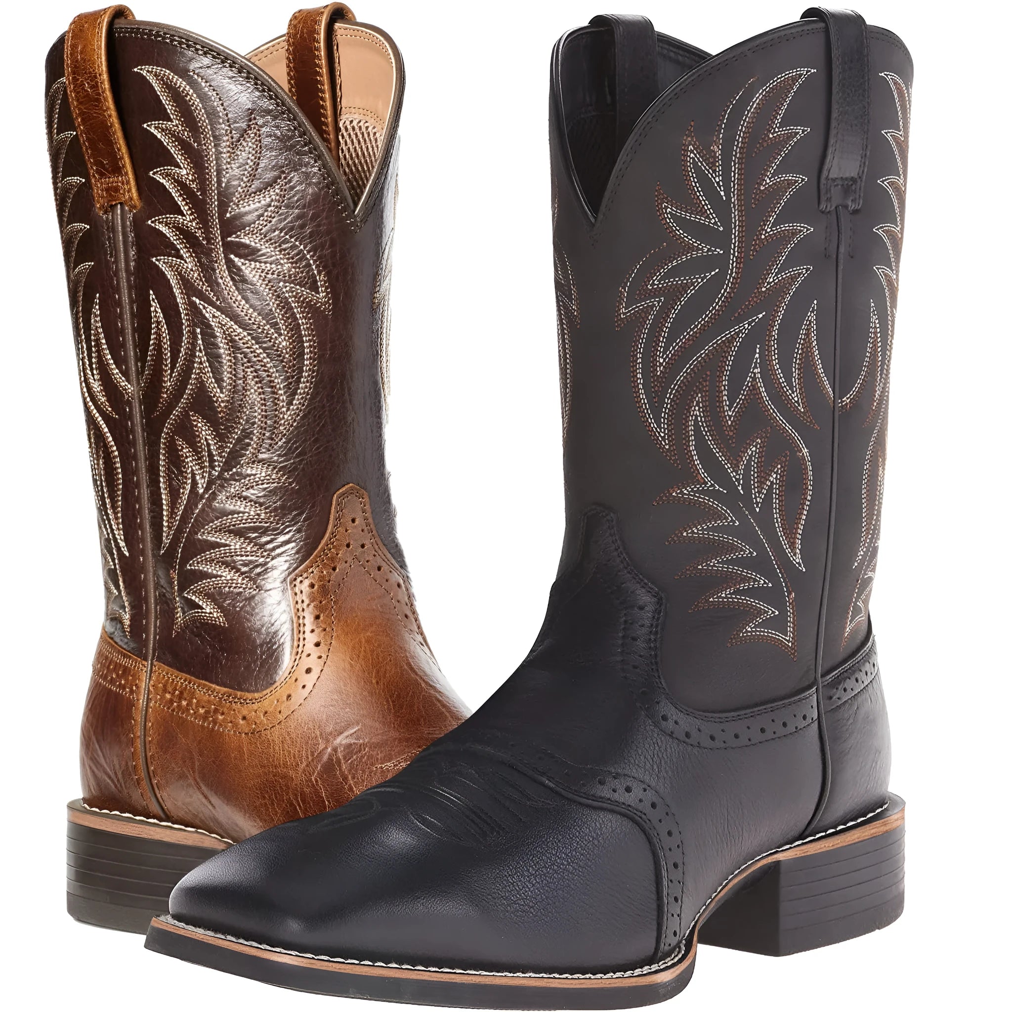 Men's black Western cowboy boots with intricate embroidery stitching, a wide square toe, and a high shaft.