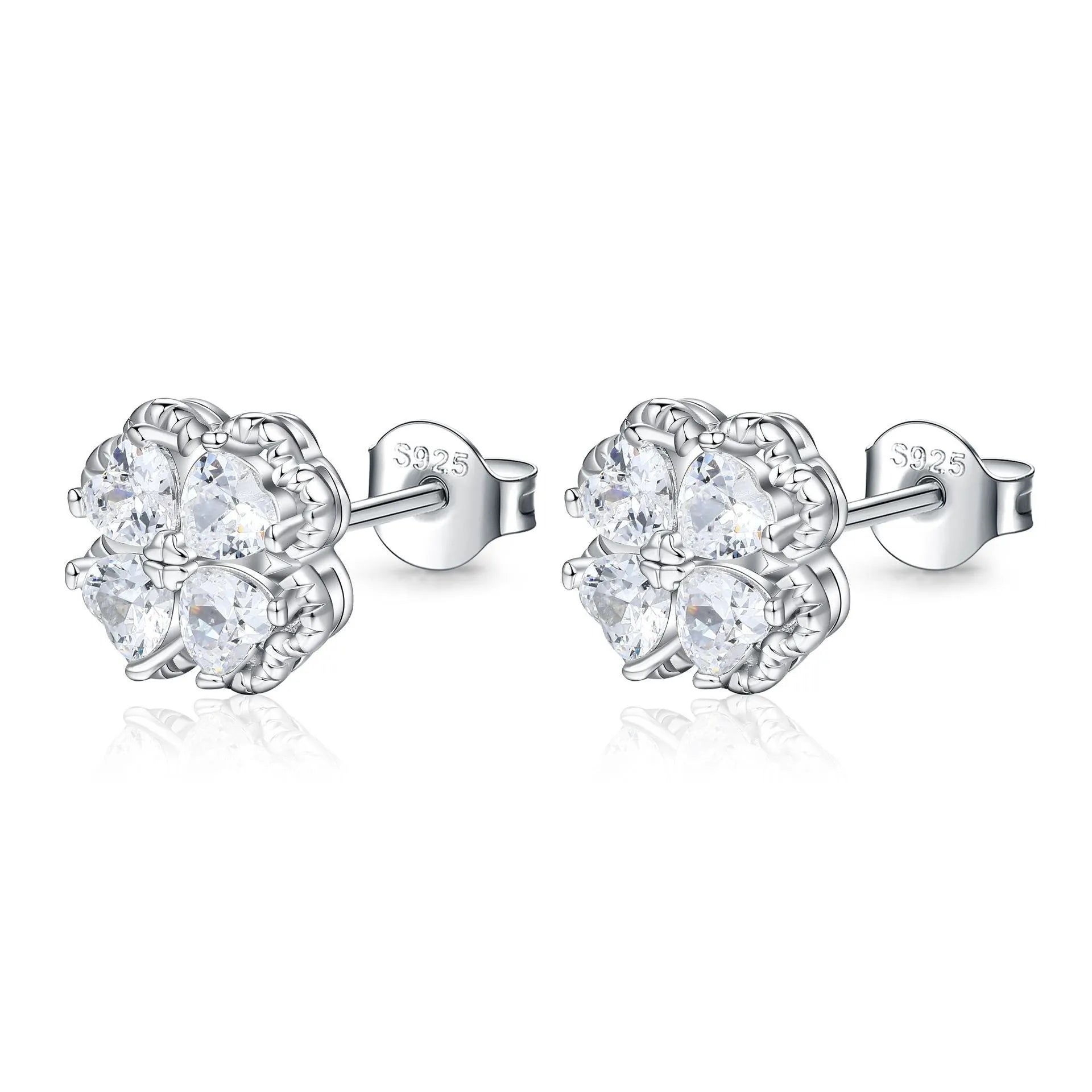 925 sterling silver four-leaf clover heart earrings with zircon detailing in white gold colour