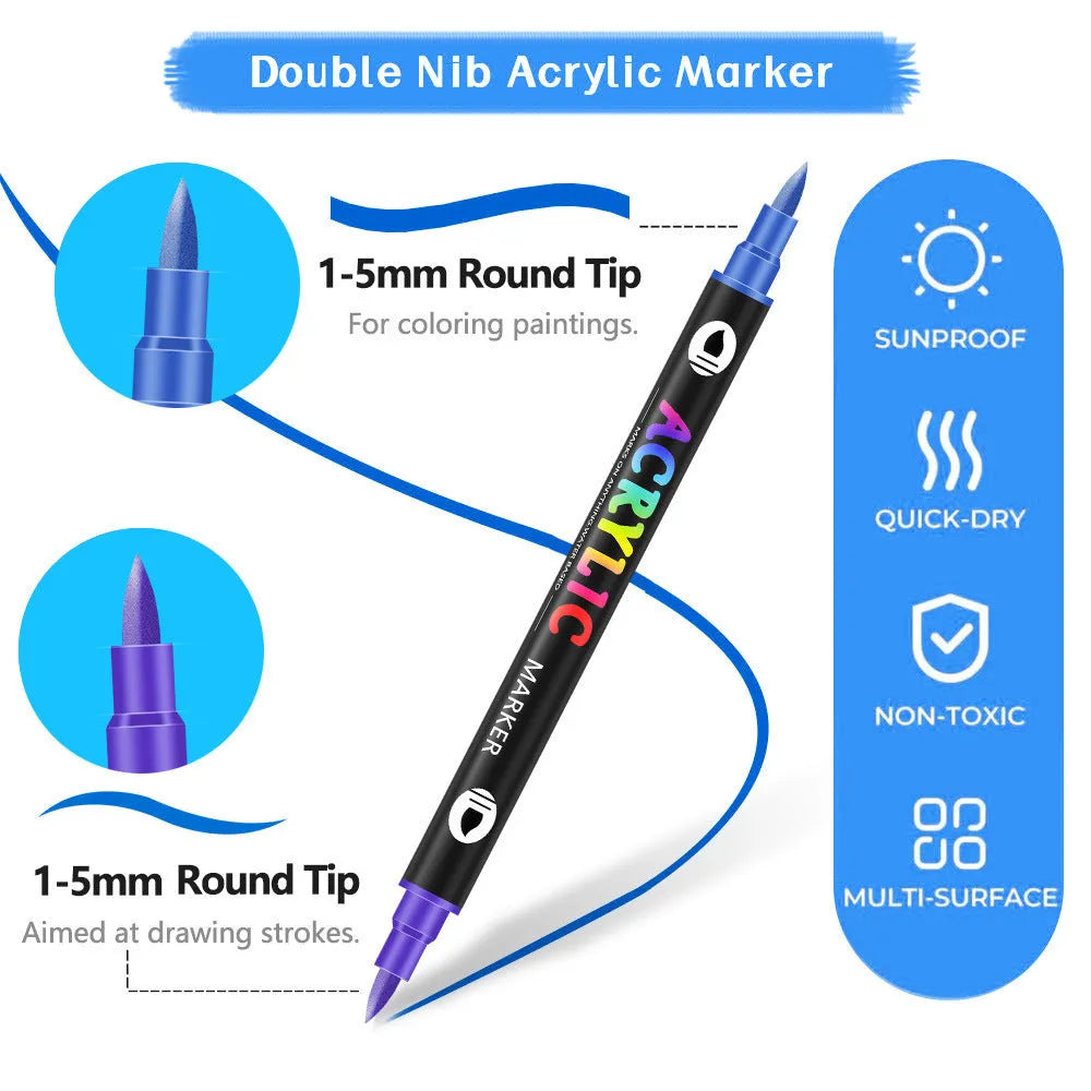 Set of double-headed acrylic marker pens showing fine and broad tips, with washable quick-dry opaque colours.
