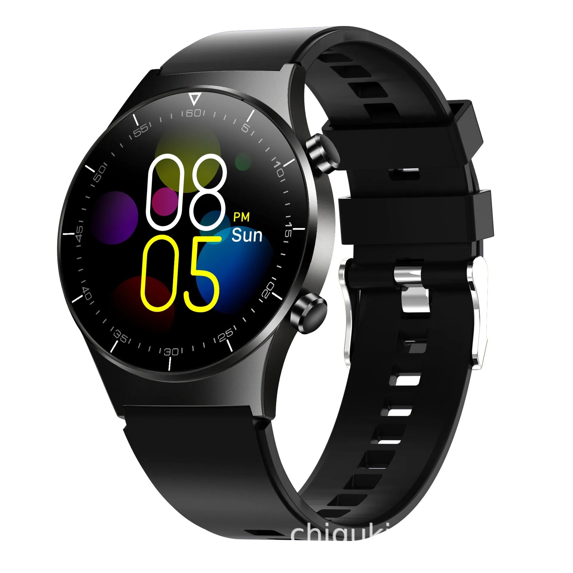 Black smart watch with astronaut bracelet on wrist, showing heart rate reading on 1.28-inch screen.