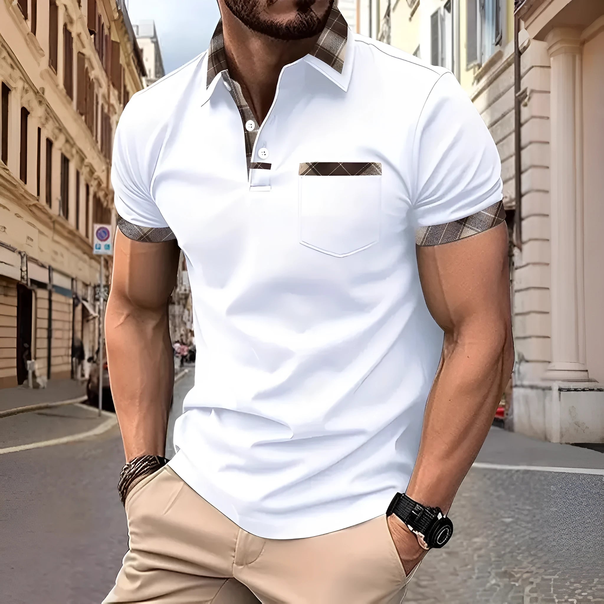 Men's loose fit colourblock plaid t-shirt with zip decorations in multiple colour options