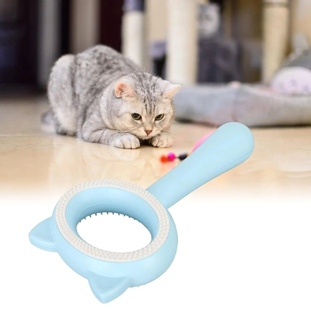 Double-sided pet grooming brush with ergonomic handle shown in blue and white colour options