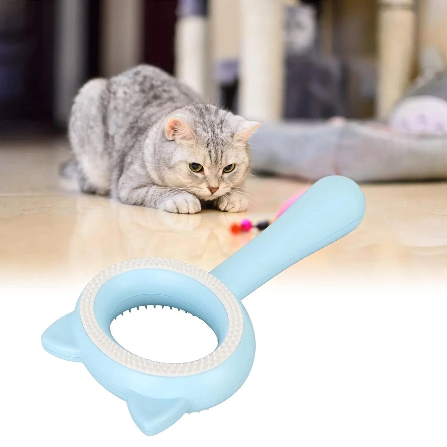 Double-sided pet grooming brush with ergonomic handle shown in blue and white colour options