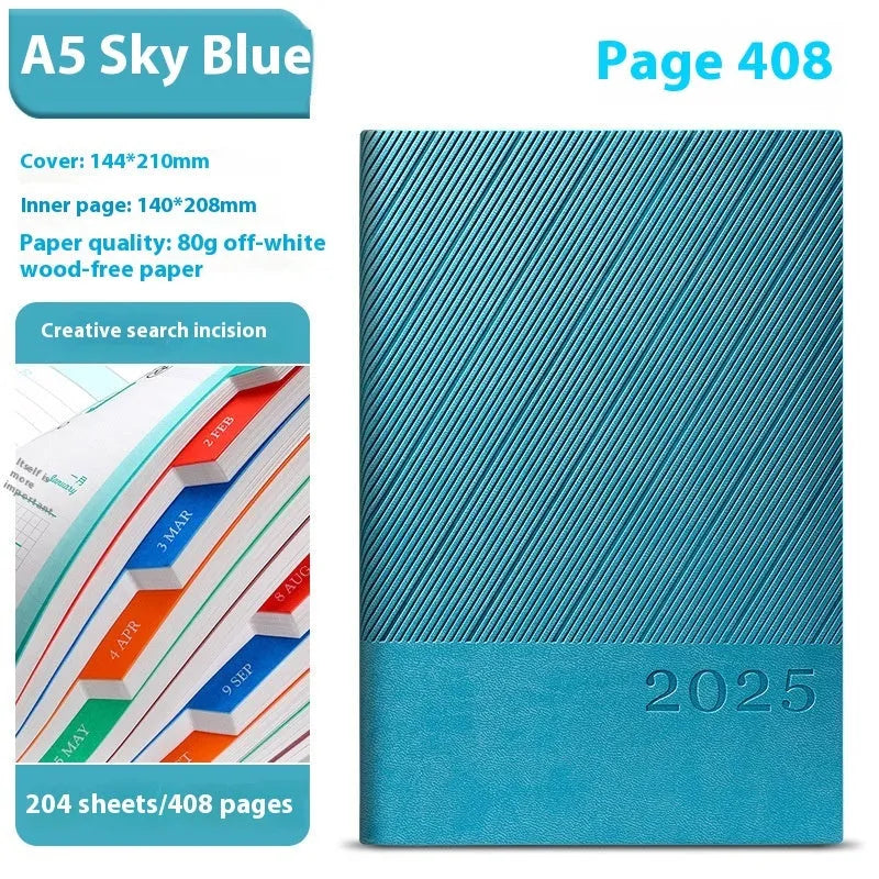 A4 striped PU leather business notepad open showing 80g wood-free paper