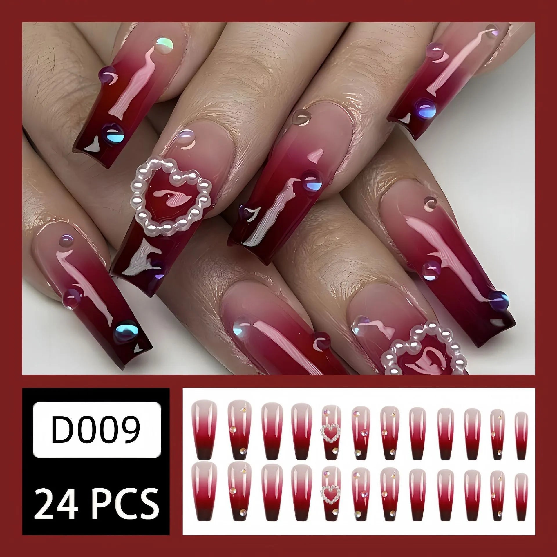Wine red gradient plaid false nail tips with long ballet shape and jelly glue kit