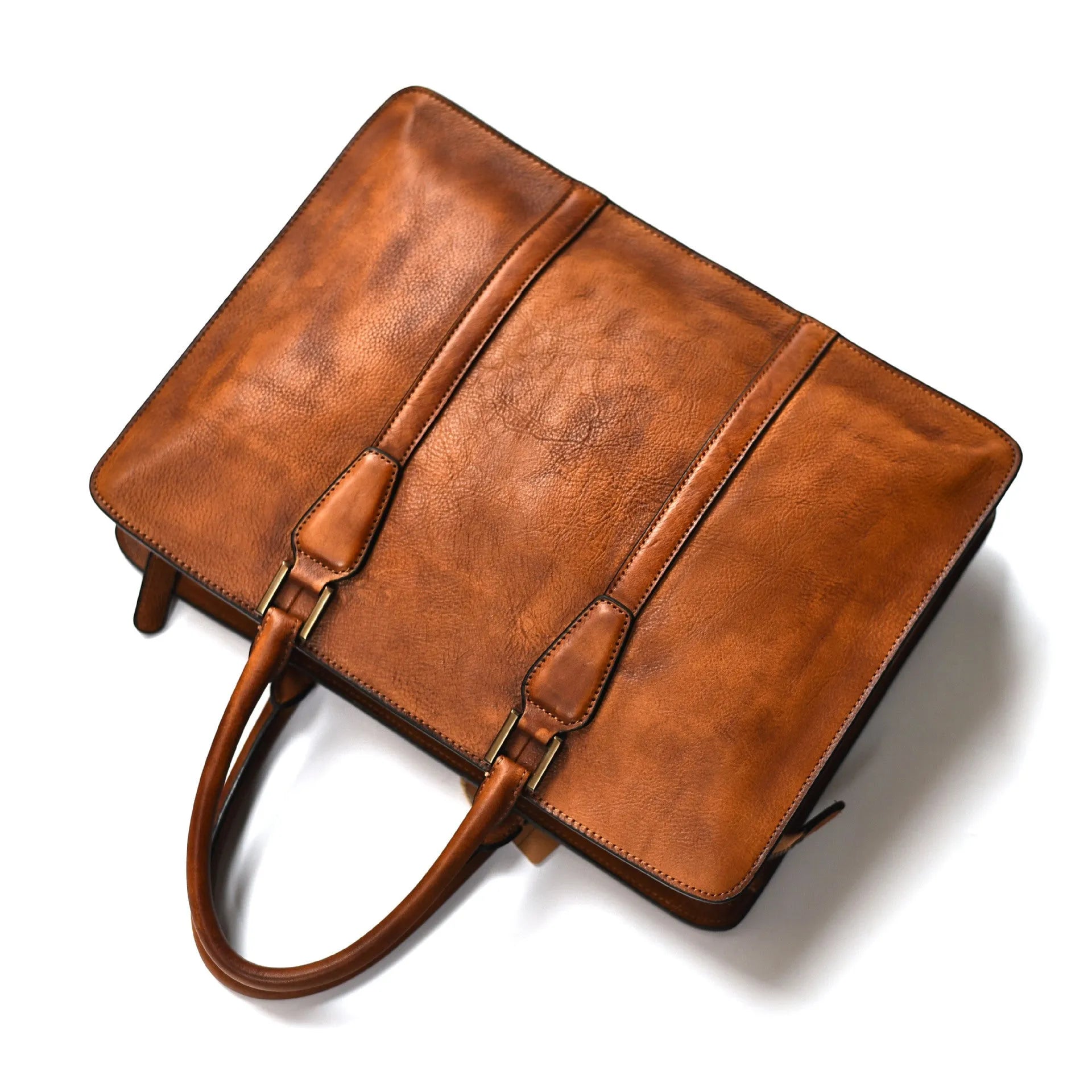 Men's brown leather business handbag with horizontal square shape and zipper opening