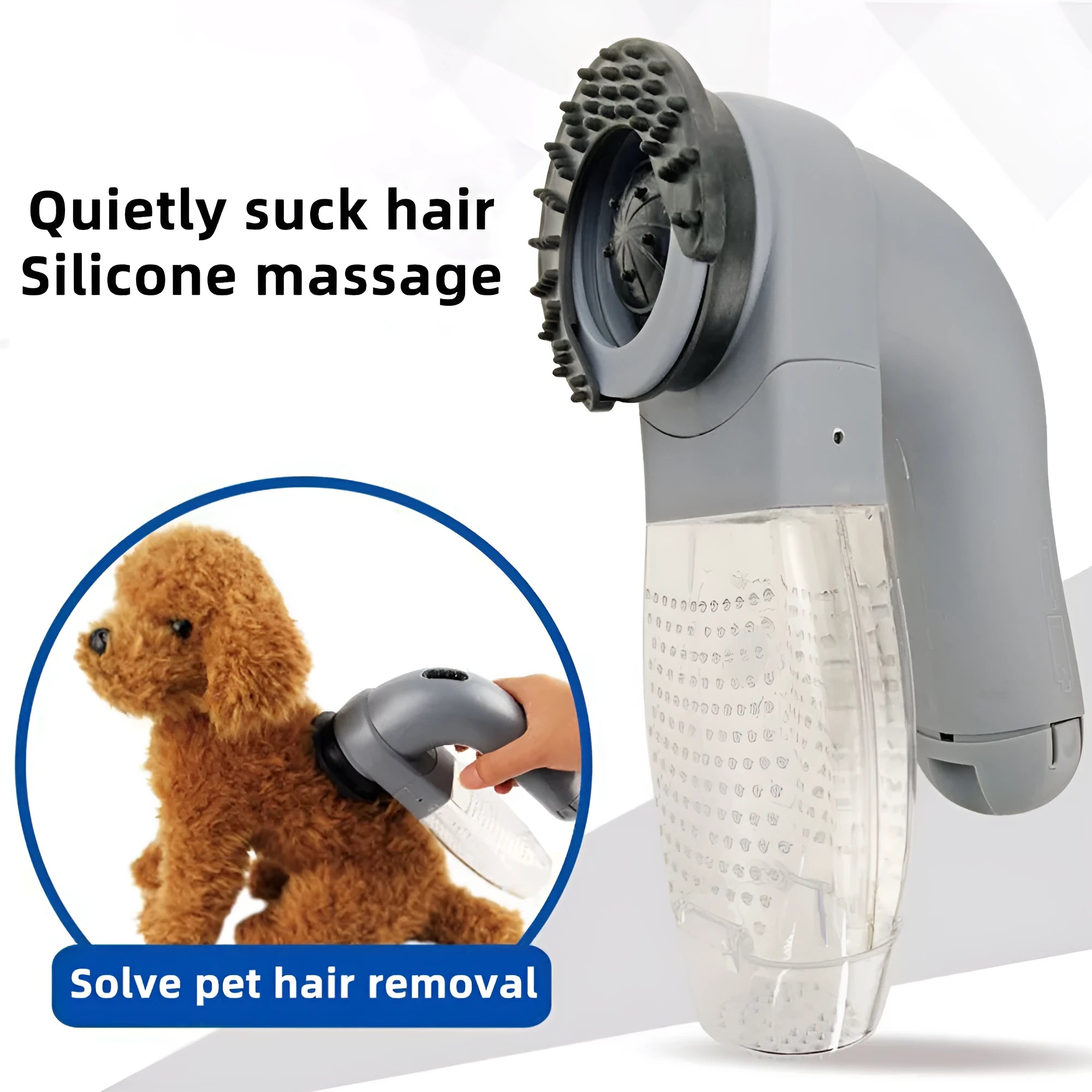 Gray portable electric pet hair remover with soft rubber head and collection canister.