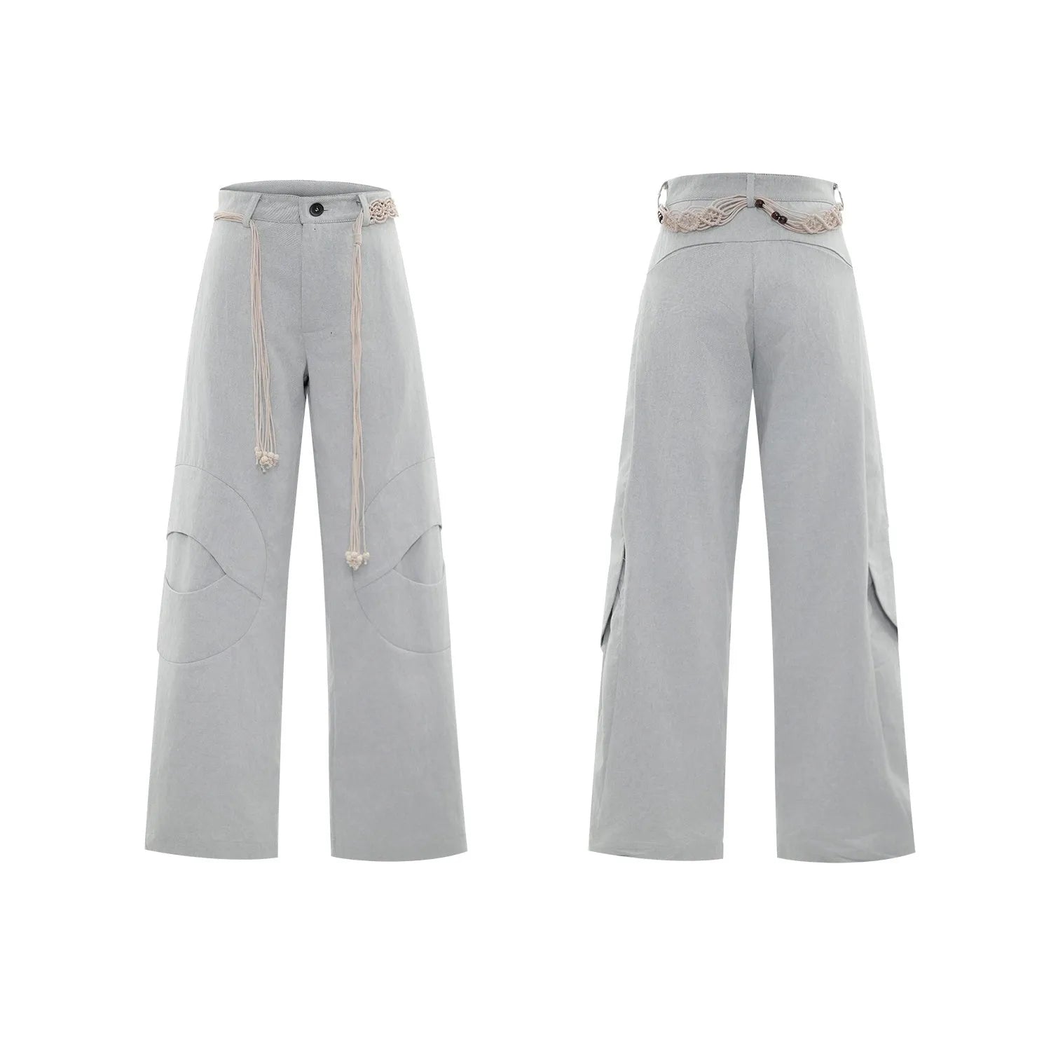 Men's straight-leg cotton trousers in dark colours with placket zipper and decorative pocket details