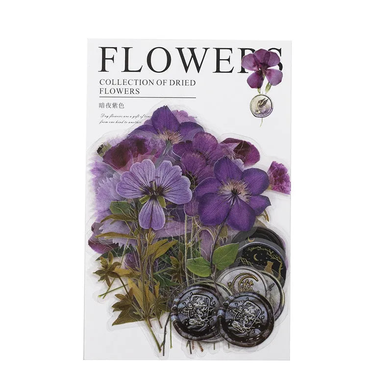 Package of 40 square dried flowers art sticker sheets in eight colour themes on a PET material base.