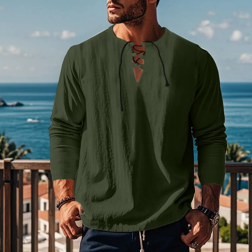 Men's solid colour cotton linen blend beach shirt in loose pullover style shown in army green