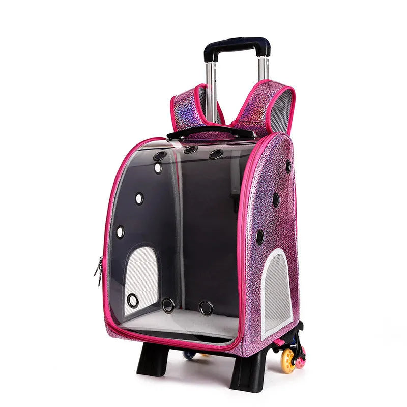 Transparent pet trolley bag with folding shoulder design in Oxford cloth with acrylic viewing cover