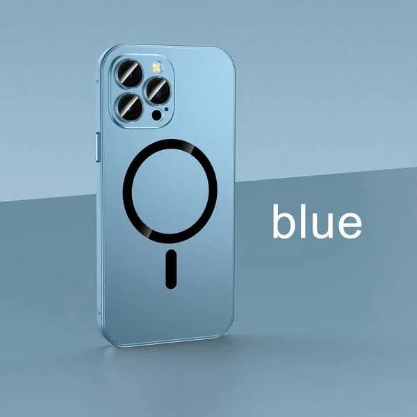 Aluminium alloy and PC magnetic protective case for iPhone in dark purple with nickel piece.