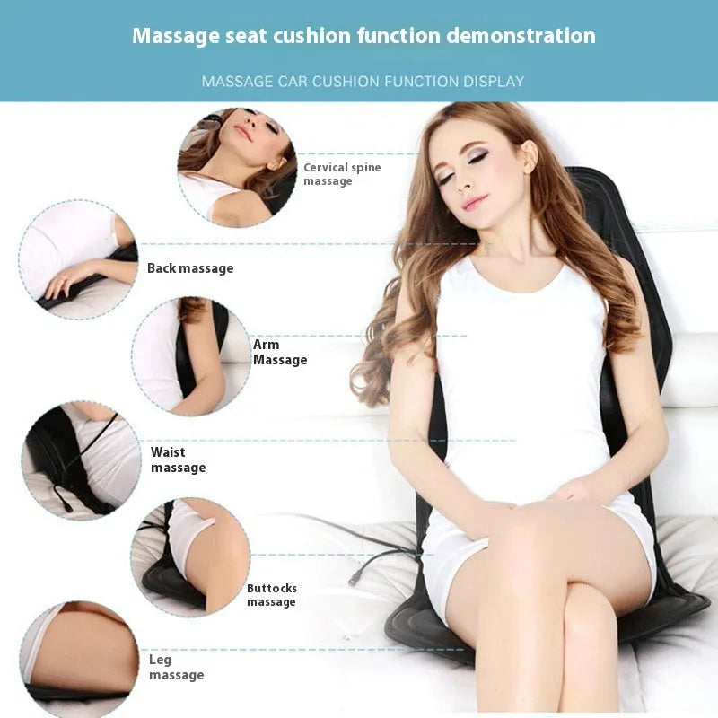 Black infrared heating massage mat with a separate seat cushion on a grey background
