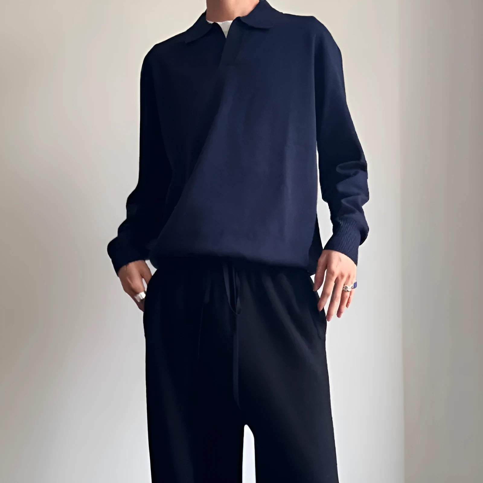 Pure wool POLO sweater with lapel collar in loose fit, shown in milky white and navy blue colour options