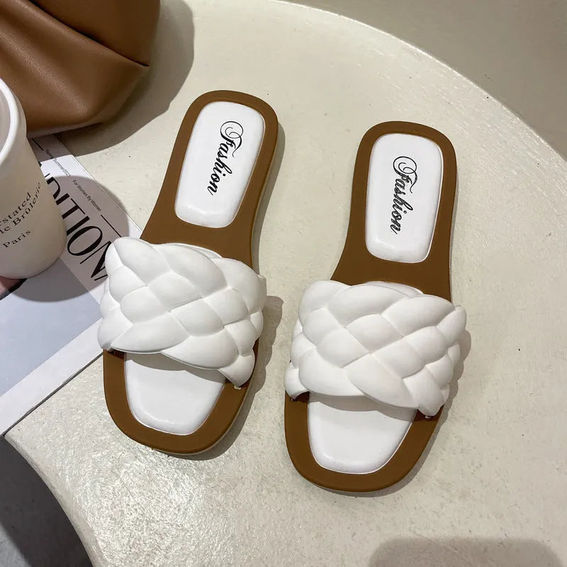 Women's plaid pattern PVC beach sandals with a thick anti-skid sole in black, green, orange, or white.