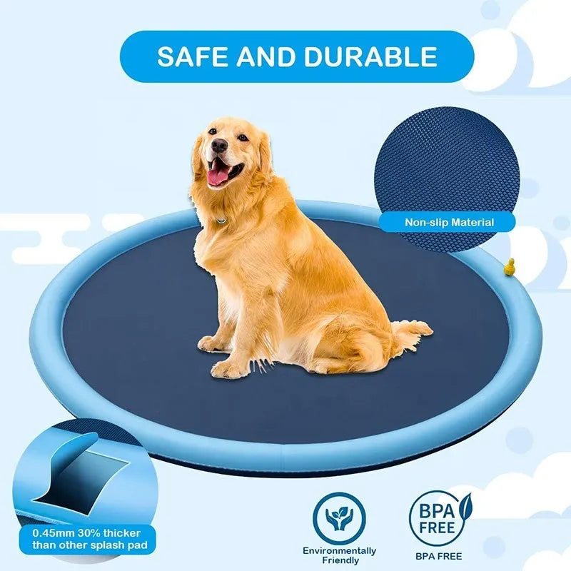 Large blue dog splash pad with water jets spraying, dog playing in centre on non-slip textured surface