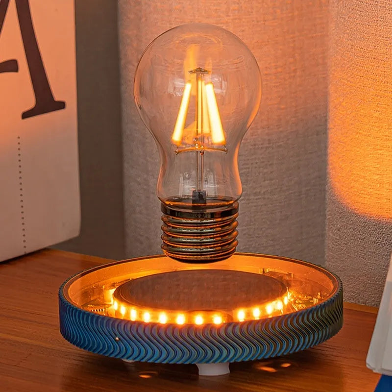 Magnetic suspension moon lamp levitating above its base with colour-changing LED light.
