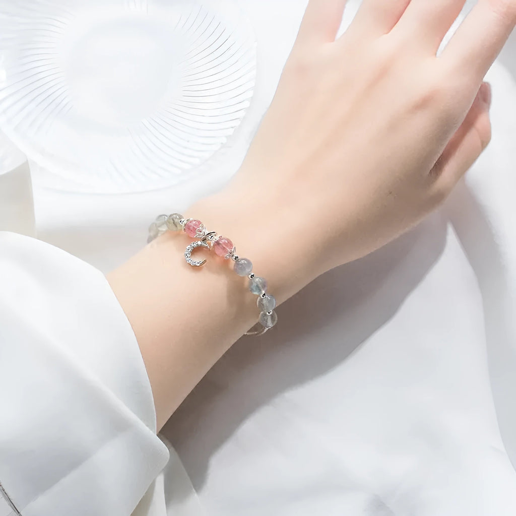 Natural moonstone adjustable bracelet with silver extension chain and crescent moon accent