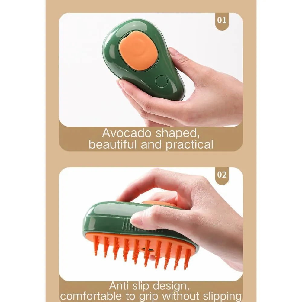 Green and white cat steam brush with silicone bristles and water spray function for pet grooming