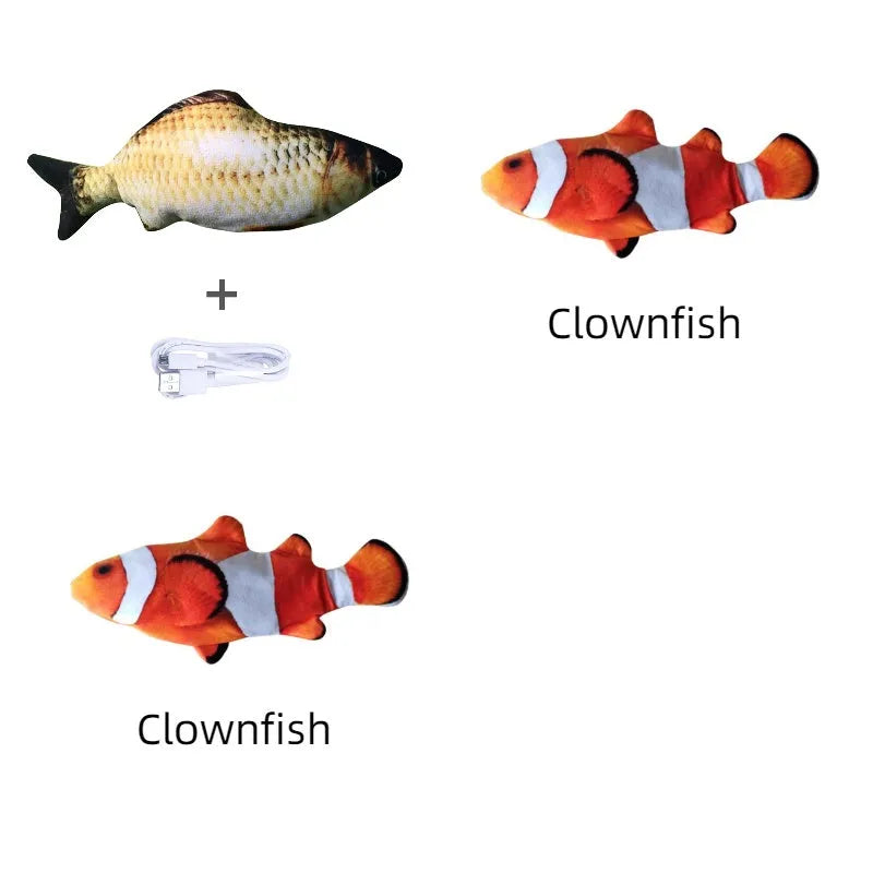 Electric jumping fish simulation cat toy showing multicolor options and USB charging cable.