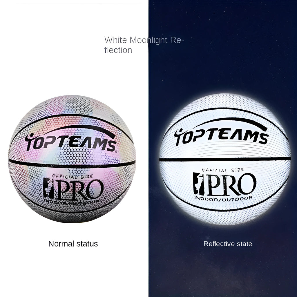 Chroma and white holographic luminous reflective No. 7 basketball made from wear-resistant PU.