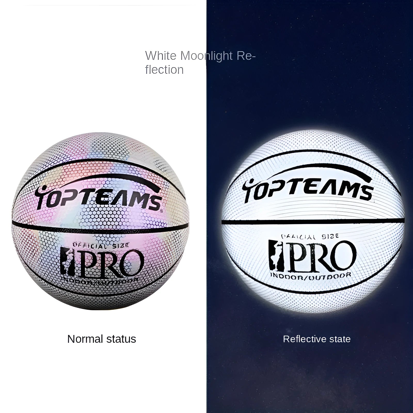 Chroma and white holographic luminous reflective No. 7 basketball made from wear-resistant PU.