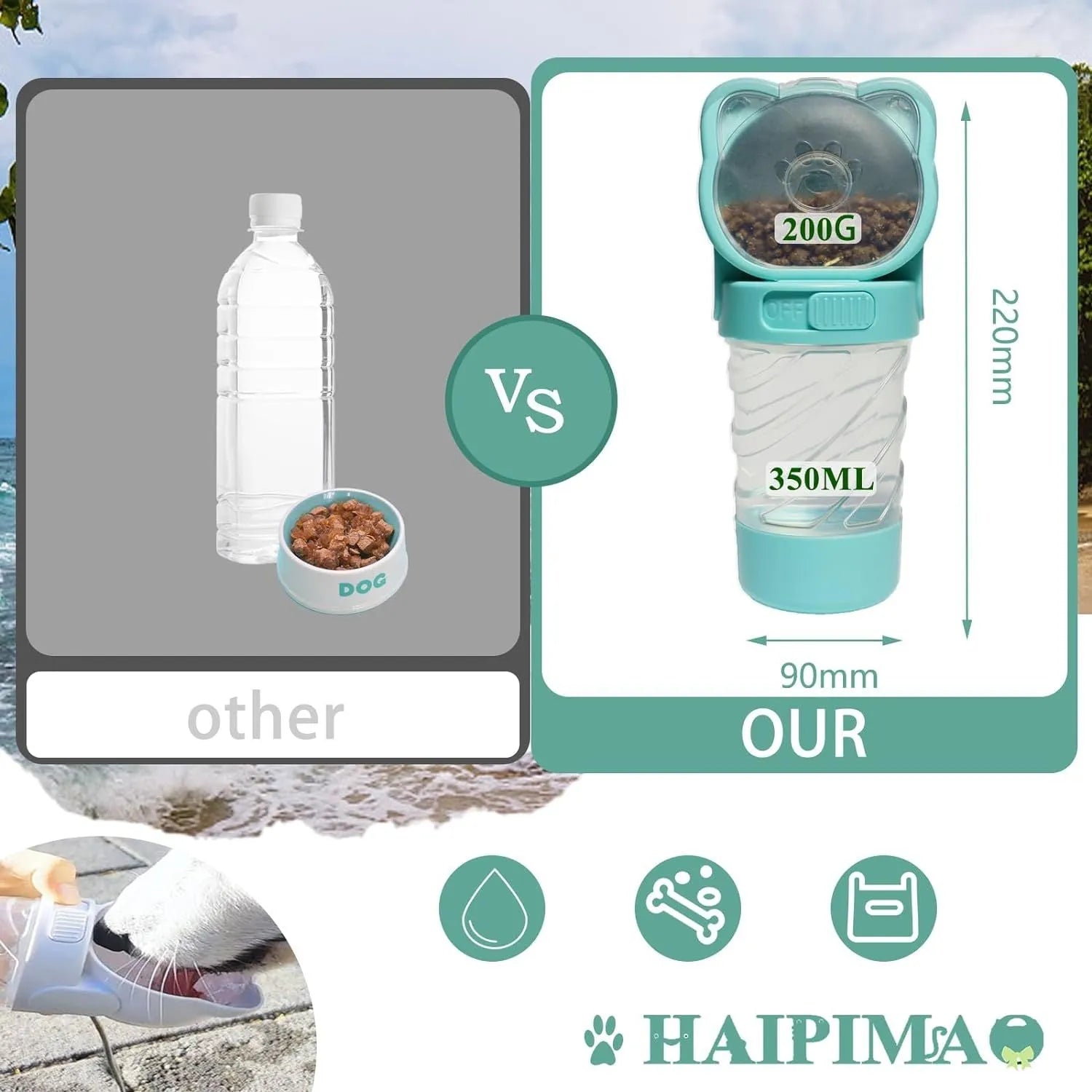 Green 3-in-1 portable pet water bottle with food container and waste bag dispenser, held by its hand strap.