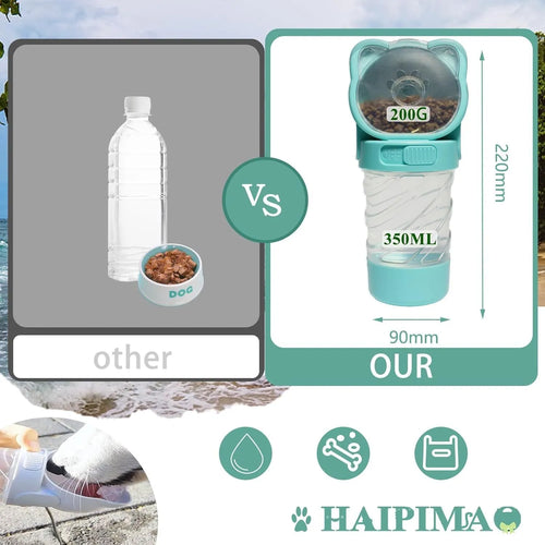 Green 3-in-1 portable pet water bottle with food container and waste bag dispenser, held by its hand strap.