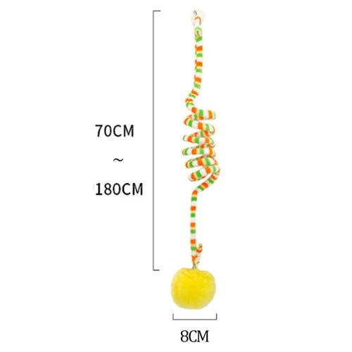 Colourful cat toy with spring bell stick and inflatable ball attached to a door by a suction cup