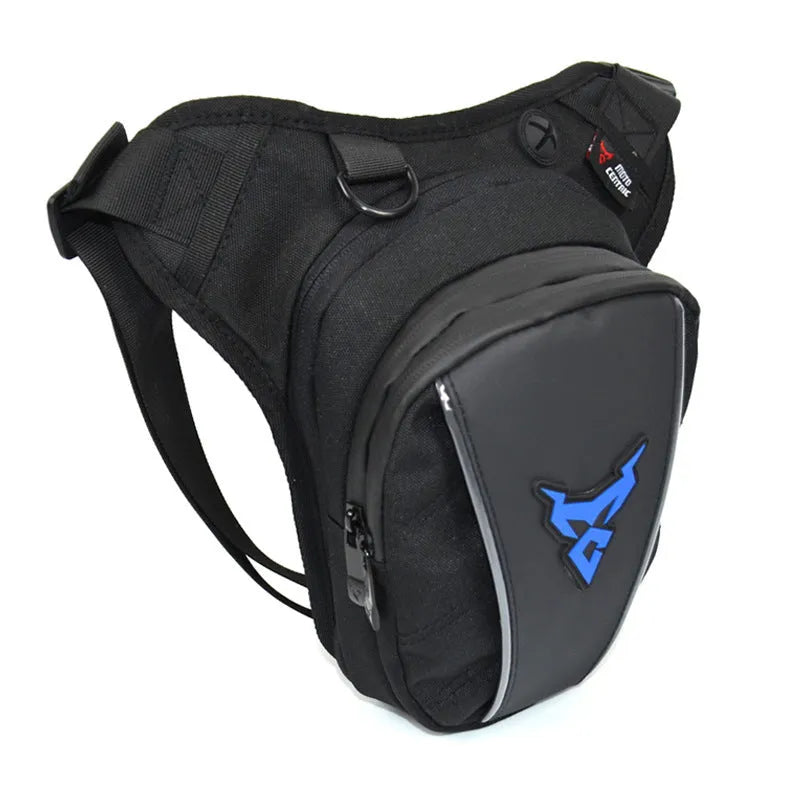 Motorcycle leg bag in red, blue, green, or grey, showing adjustable straps and 1200D Oxford cloth construction.